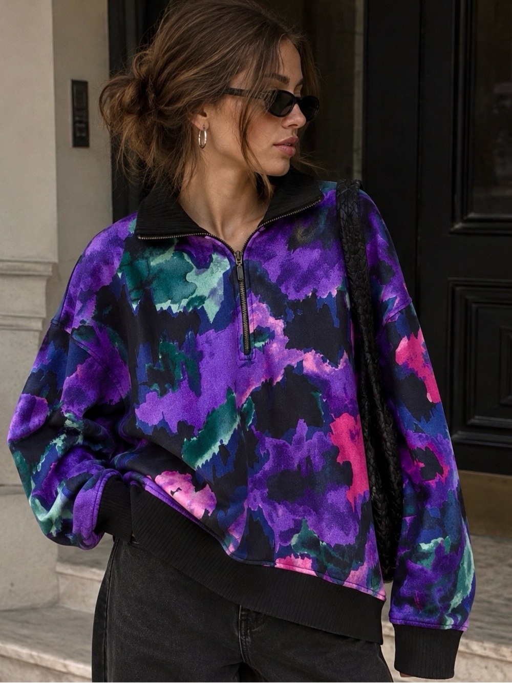 Westbound Abstract Floral Quarter Zip Sweatshirt Size S NWT